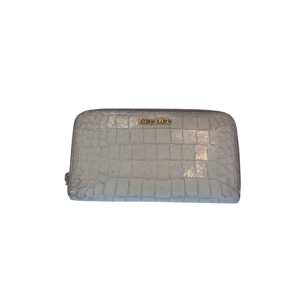 MIU MIU Crocodile Embossed Cream Leather Zip Long Wallet